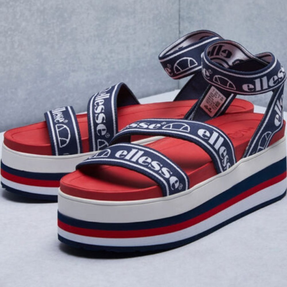 Ellesse 5 women’s elina text platform sandal blue red white elastic straps - Picture 2 of 9